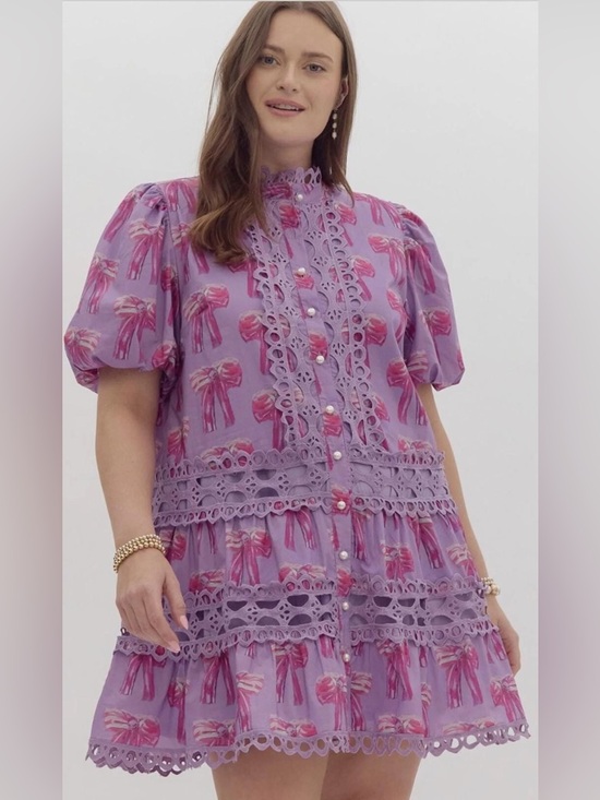 Umgee Dresses & Skirts - Umgee-Lilac & Pink Bow Print Lace Trim Mini Dress